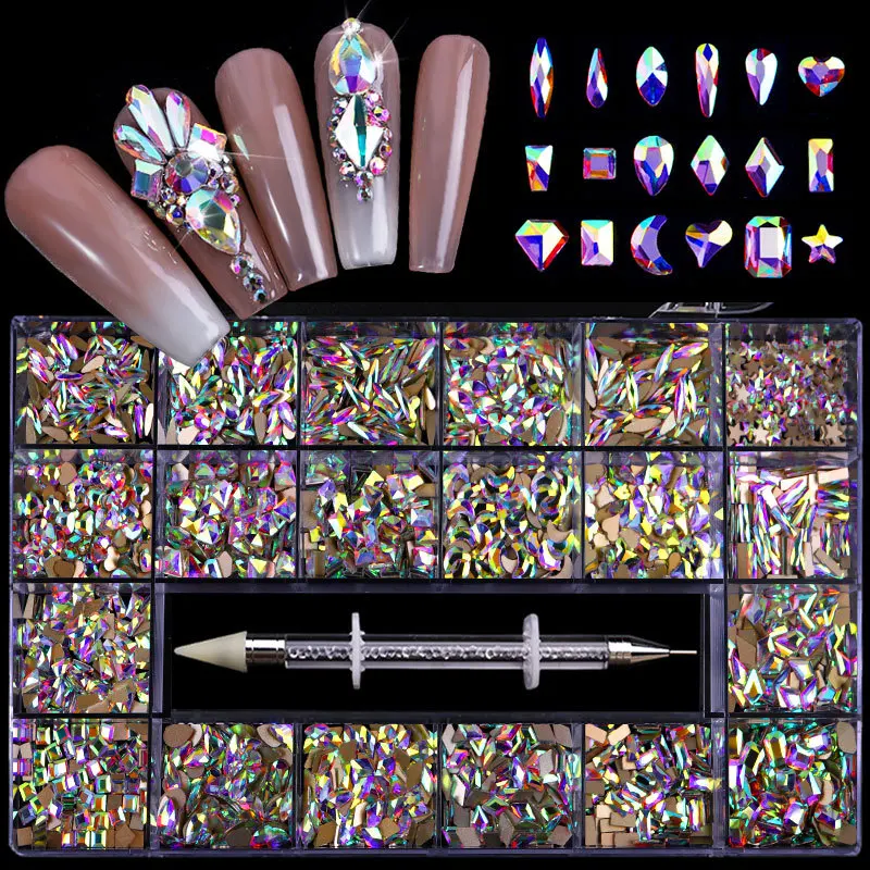 Swarovs Crystal AB 3D Flatback Glass Nail Art Rhinestones Fancy Shaped Crystals Stones for DIY Nails Art Decorations