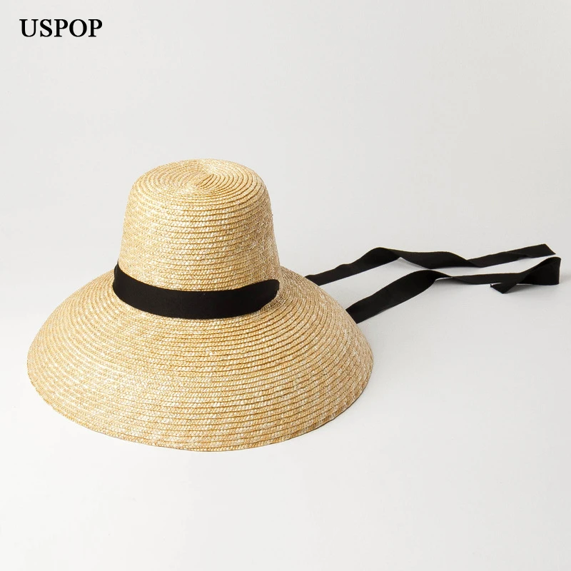 USPOP 2020 New summer hats for women natural wheat straw hats high flat top long ribbon lace-up sun hats wide brim beach hats