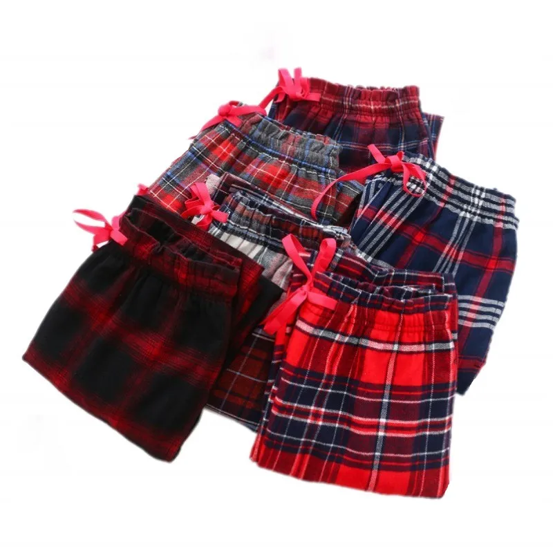 2024 Spring Autumn Women 100% Cotton Sleep Pants Lounge Wear Trousers Casual Plaid Home Pants Knitted Cotton Plaid Sleep Sports