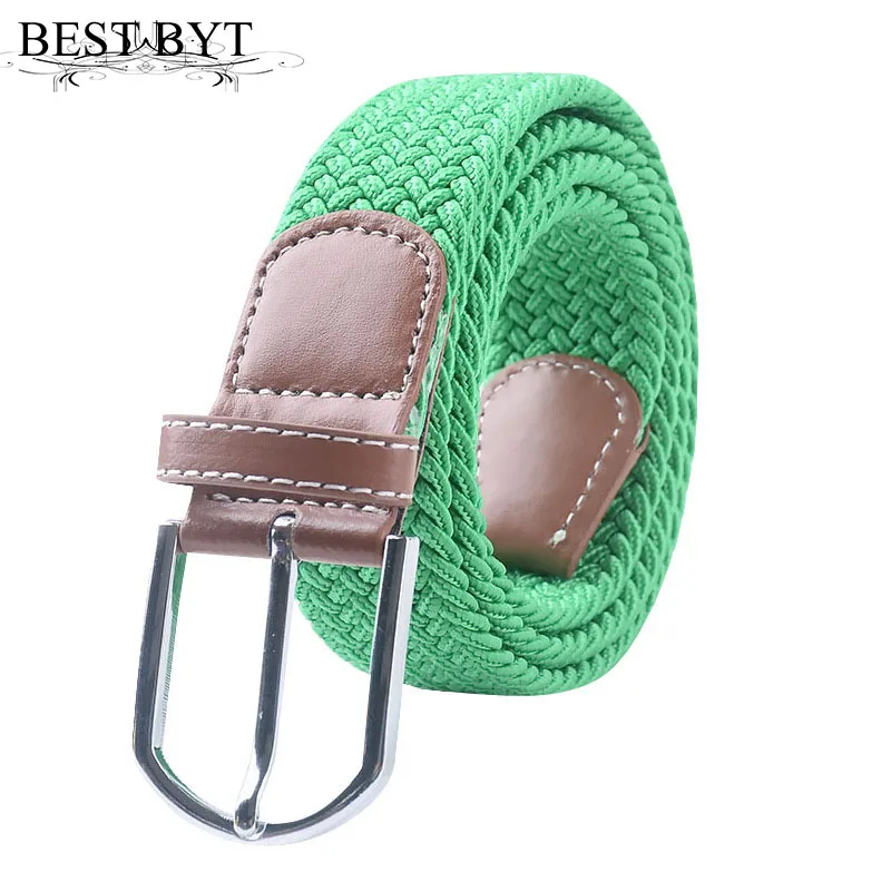 Best YBT Unisex Knitted Woven With PU Leather Belt Pin Bucket Belt Elastic Solid Color Plain Webbing Men And Women Belt