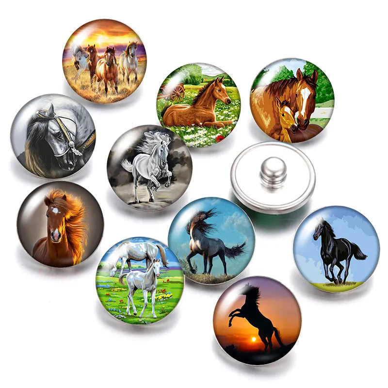 Love Horse zebra animals 18mm snap buttons 10pcs mixed round photo glass cabochon style for 18mm snap jewelry