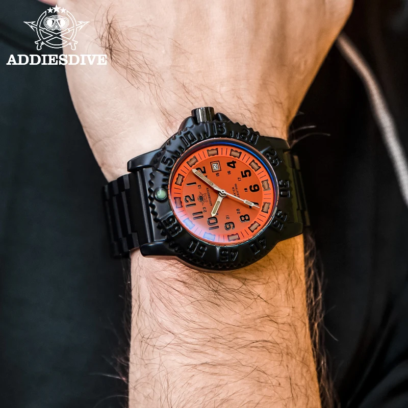 ADDIES Men Military Watches Top Brand Fahsion Orange Dial Sports Waterproof Stainless Quartz Watch Men's Watch Orologio da uomo