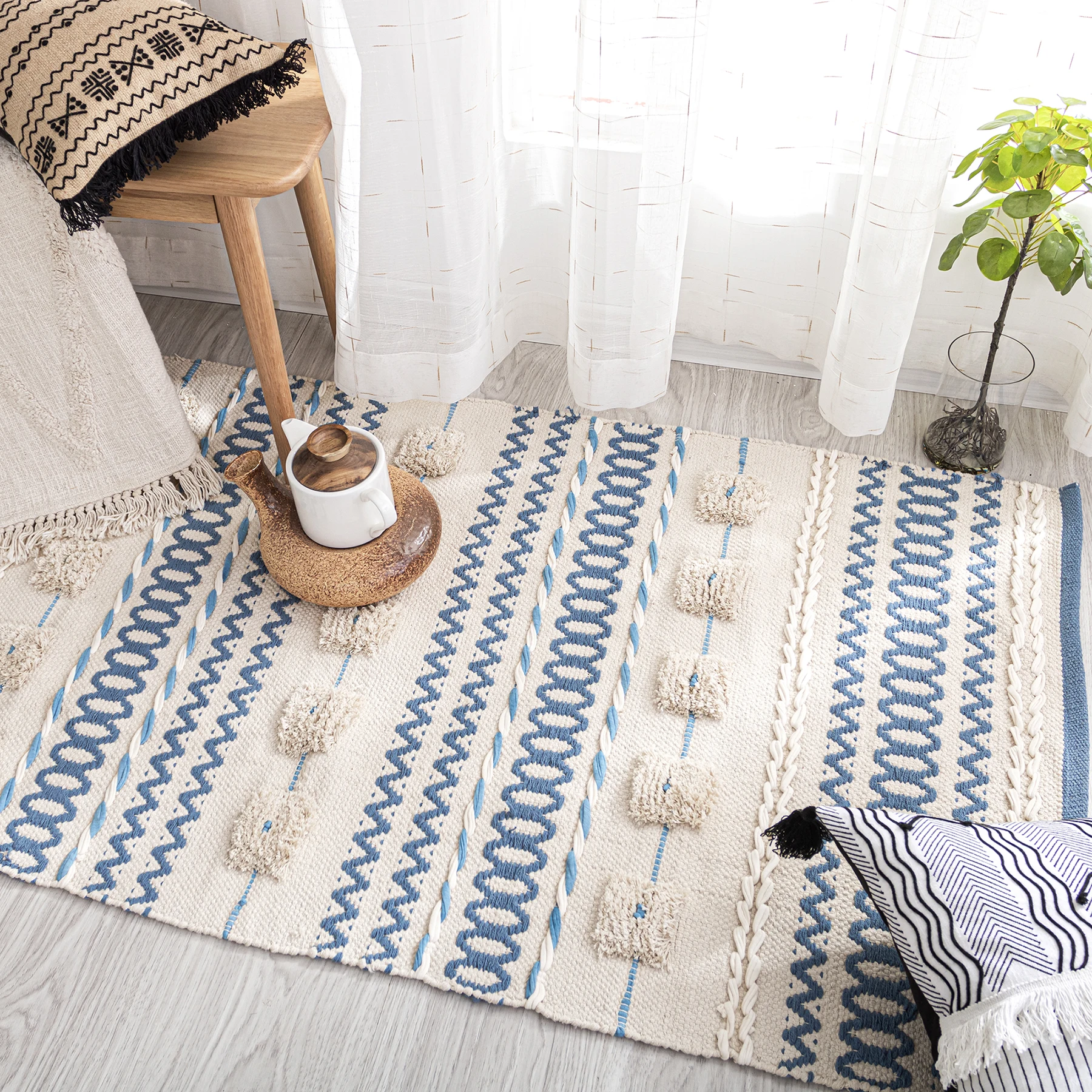 Hand Woven Cotton Carpets for Living Room, Simple Nordic Blue Home Carpet, Bedroom Decorative Bedside and Hallway Area Rug