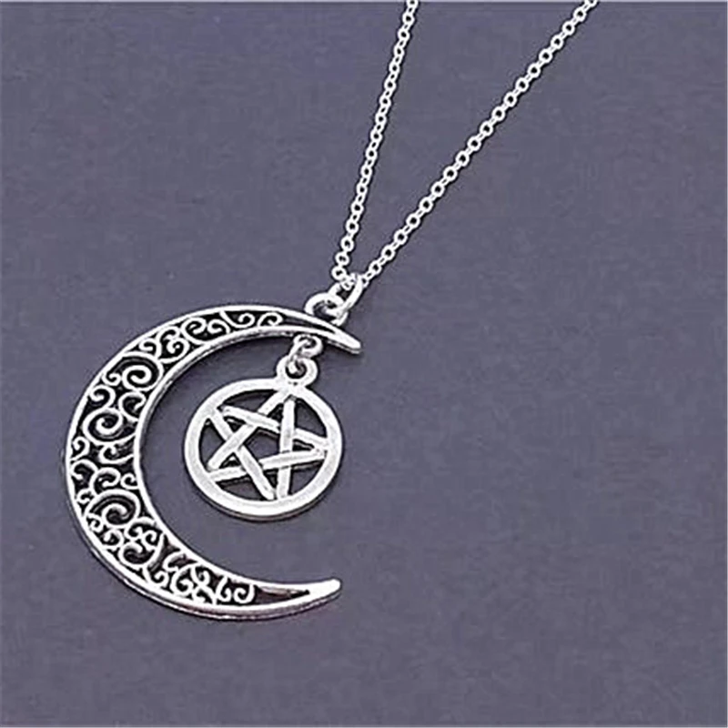 Silver Color Plated Gothic Crescent Moon Charm Pendant, Pentagram Necklace, Supernatural Jewelry, Star Pentacle Charm