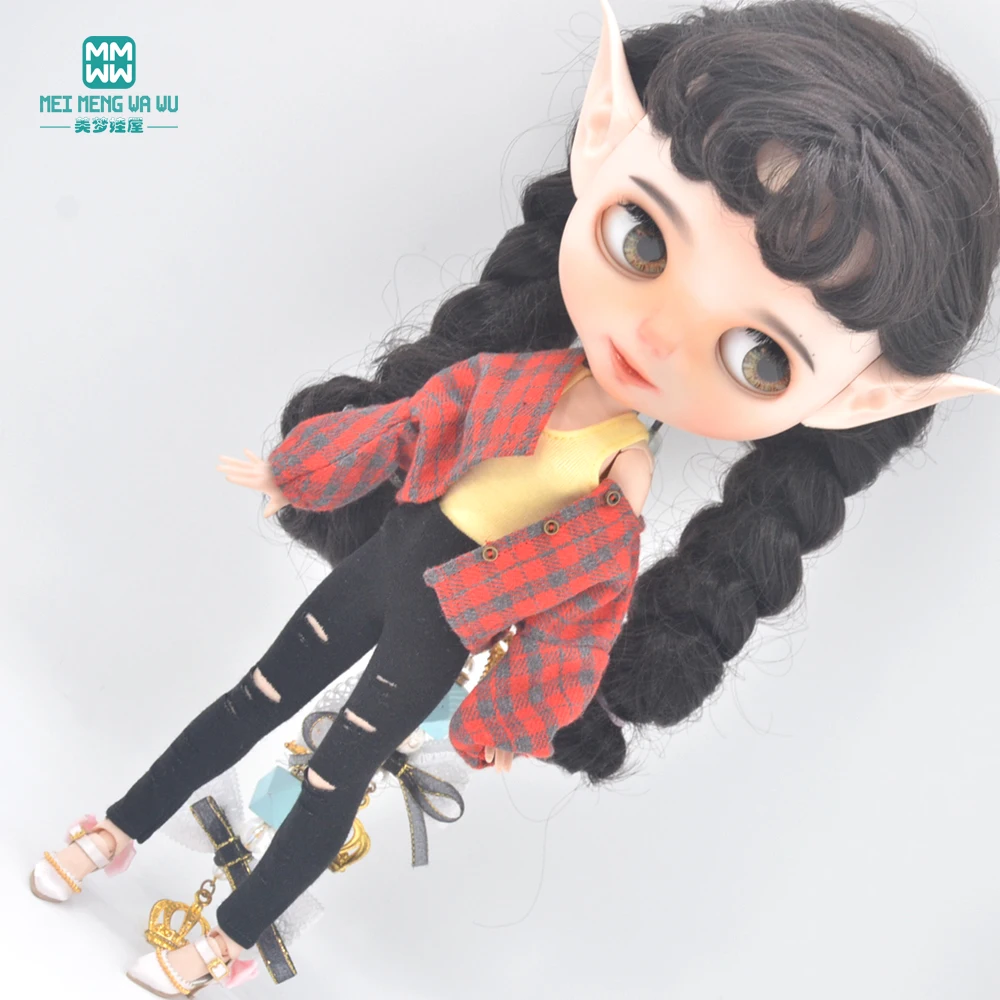 Clothes for Doll Fits Blyth Azone OB22 OB24 Doll Fashion Woolen Jacket Plaid Top Blue, Green, Black, Gray