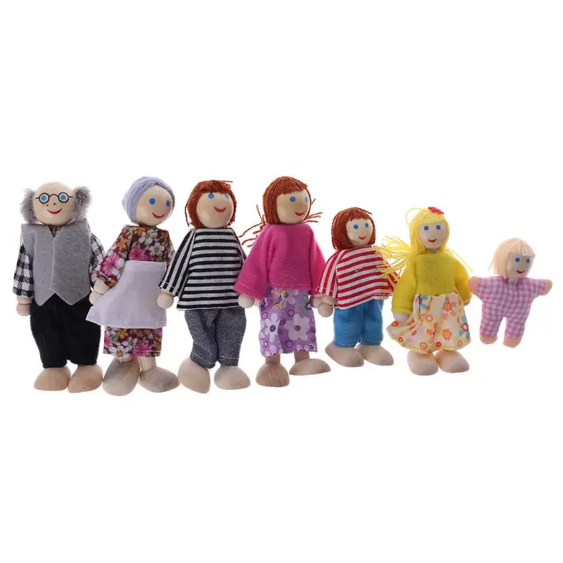 7pcs/set Happy House Family Dolls Wooden Figures Characters Dressed Kids Girls Lovely Children Pretending Toys