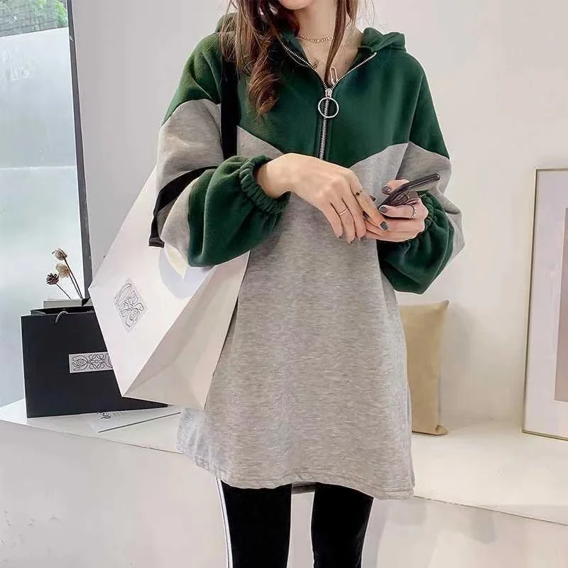 Women Autumn Winter Patchwork Color Match Casual Loose Fashion Zipper Pullover Mid - Length Hoodie Female Plus Velvet Sweatshirt