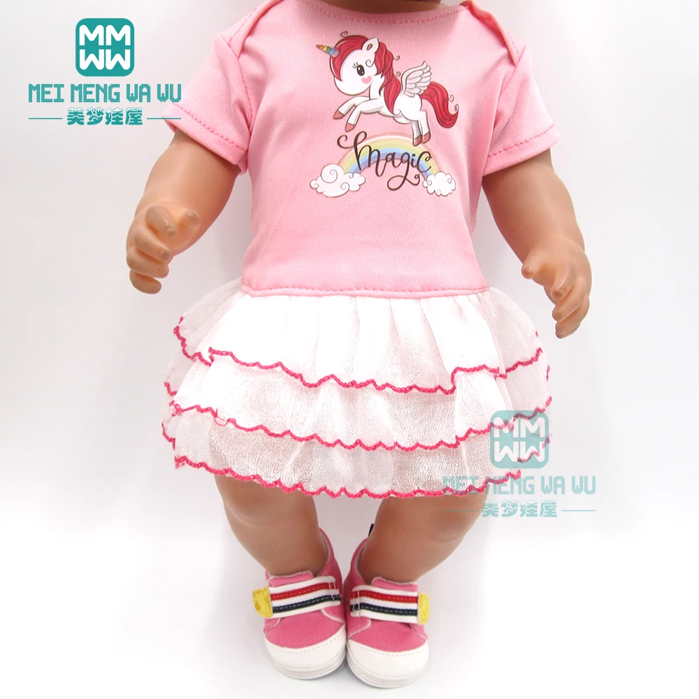 Clothes for doll fit 43-45cm new born doll Stretch pink Rainbow pony princess dress