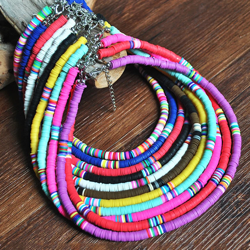 New Fashion Bohemian Colorful Clay Choker Necklace Women Rainbow Polymer Clay Beads Necklaces Summer Beach Surf Jewelry