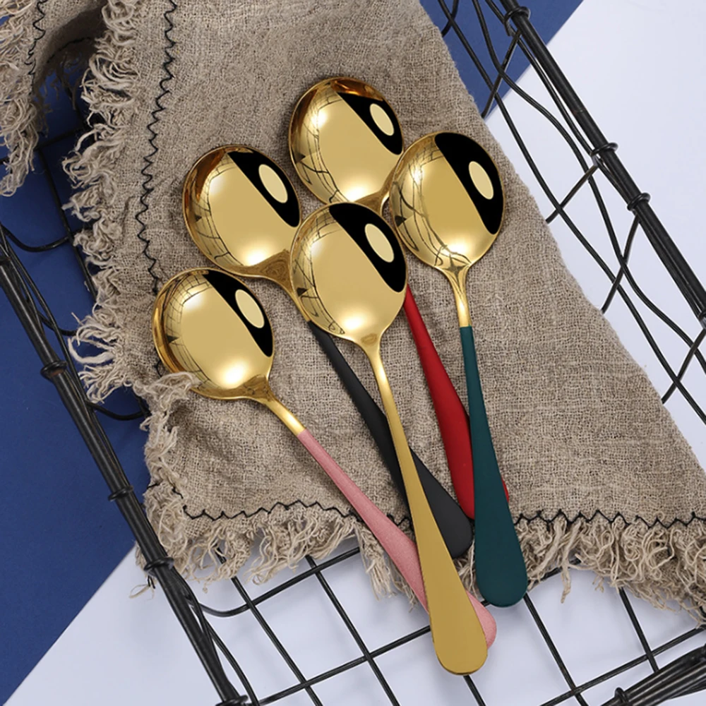 1Pcs 304 Stainless Steel Round Dessert Spoon Soup Spoon Salad Fork Kitchen Tableware