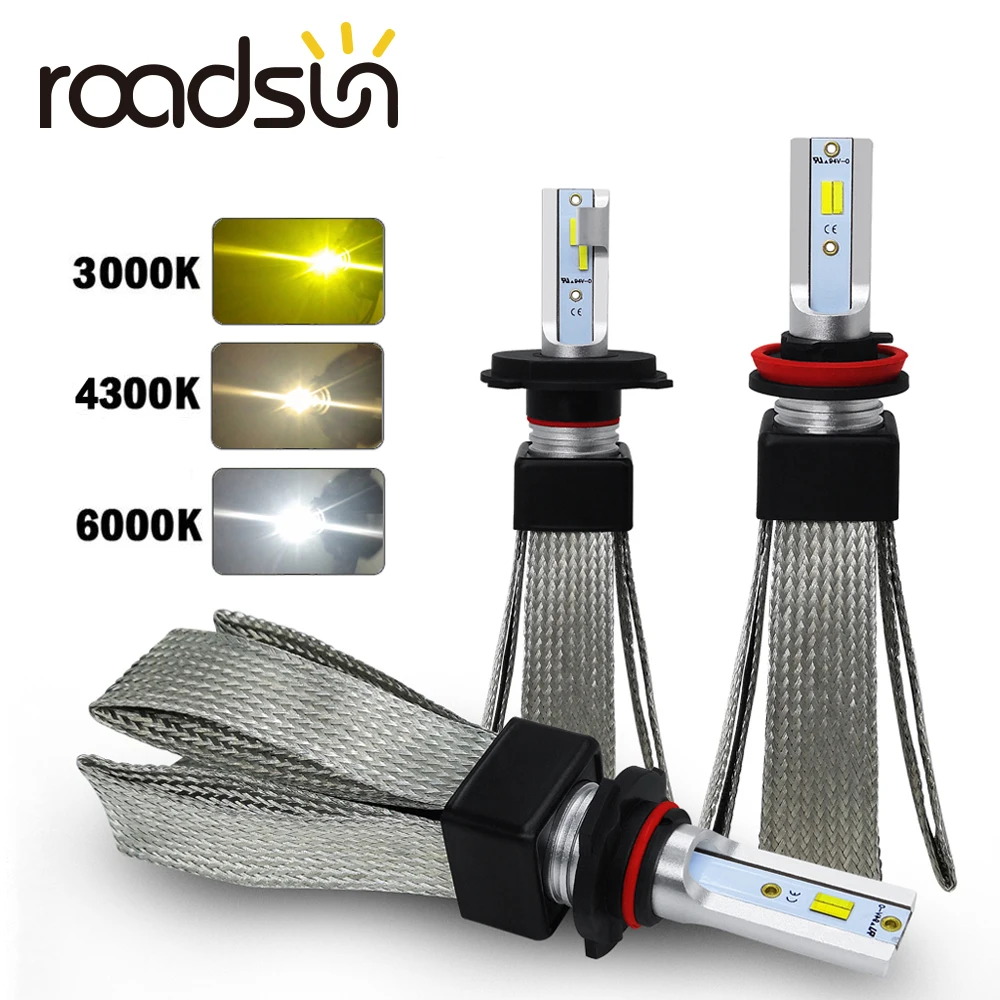 

Светодиодная Автомобильная фара roadsun CSP H4, H1, H11, 9005, 9006, H7, 3 цвета, меняющиеся фары 3000K, 4300K, 6000K, 50 Вт, 12000LM, Автомобильные фары