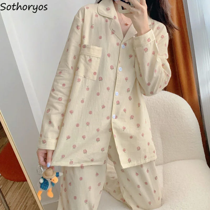 

Women Pajama Sets Peach Print Long Sleeve Cozy Casual Loose Sweet Lovely Soft Ins Sleepwear Comfortable Simple Pocket Pyjamas