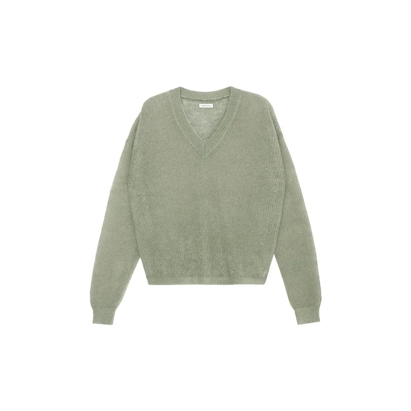 Fluffy Mohair Wool Blend Sweater Women Slouchy Oversize V Neck Knitted Pullovers
