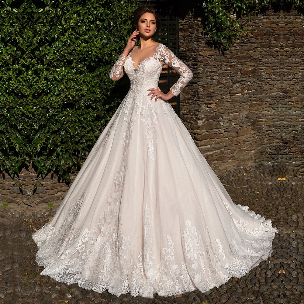 

Traugel Luxury Scoop A Line Lace Wedding Dresses Elegant Chic Applique Long Sleeve Bride Dress Sweep Train Bridal Gown