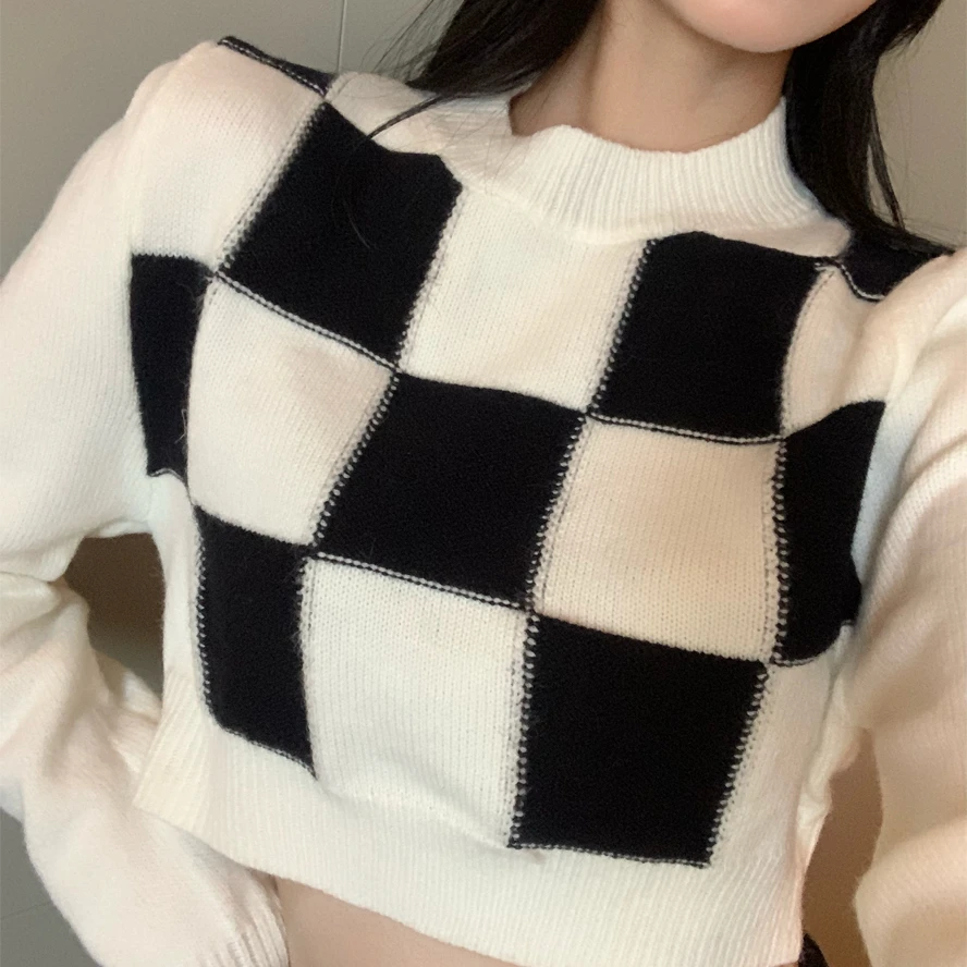 Cropped Pullovers Women Checkerboard Plaid Fashion Vintage Loose Long Sleeve Sweaters Students Streetwear Knitted Jumpers Korean