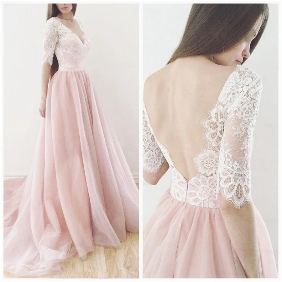 

V-Neck Half Sleeves Blush Appliques Lace Tulle Wedding Dress Original Open Back Sexy Bridal Gowns