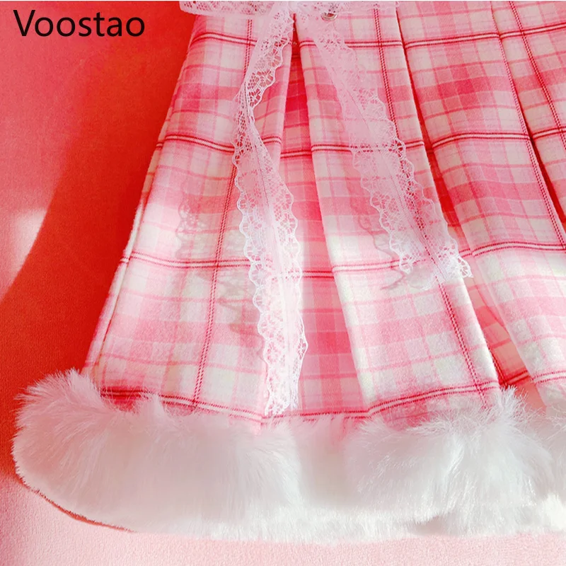 Imagem -05 - Doce Estilo Lolita Saias Femininas Fashion Coreana Renda Kawaii Renda-up Rosa Xadrez Plissada Mini Saias para Meninas Kawaii Faldas Femininas