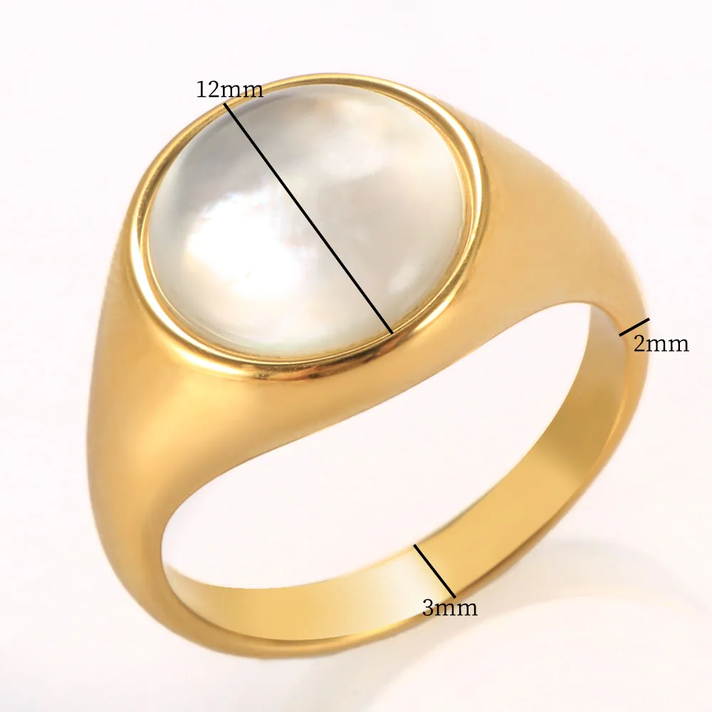 Fashion White Shell Ring for Women Man Shiny Zircon Stainless Steel Round Ring Party Finger Jewelry Texture Gifts Waterproof