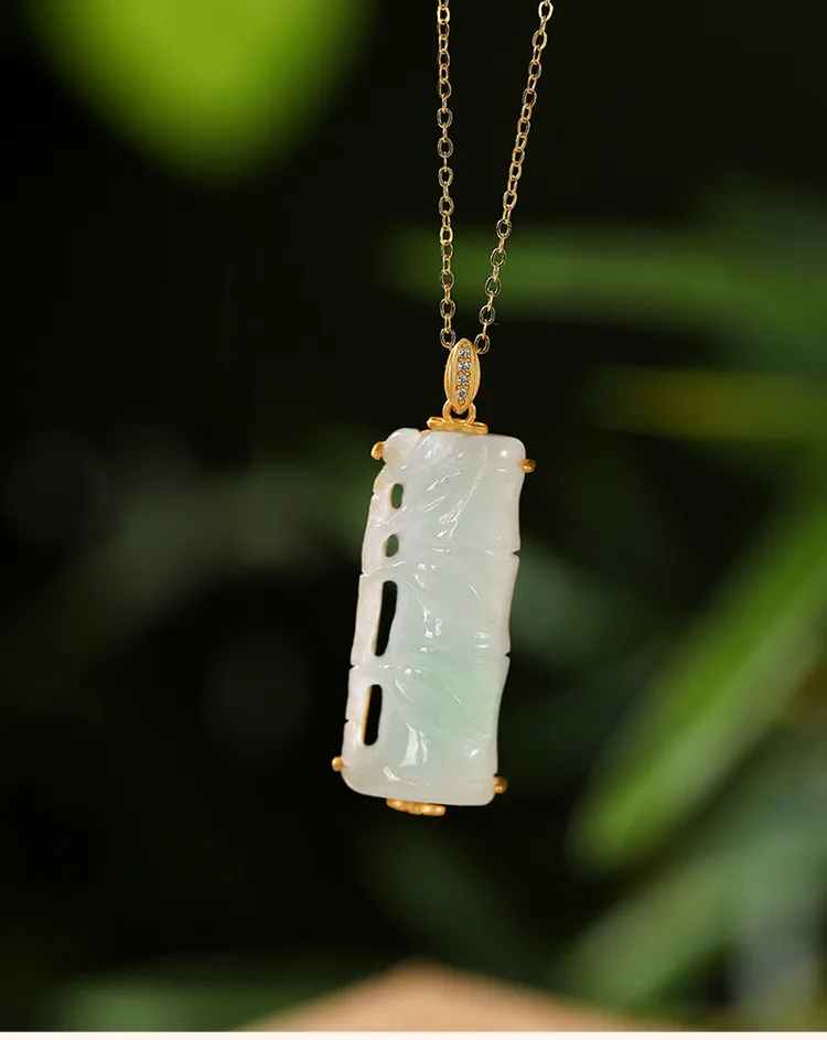 

Fine AAA 100% Natural Burmese Green Jade Bamboo Pendant Women Jewelry Necklaces With Gold 925 Sterling Silver Accessories