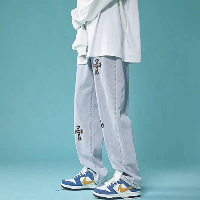 

Джинсы мужские с леопардовым принтом, прямые свободные брюки с широкими штанинами, уличная одежда в стиле хип-хоп, повседневные мешковатые штаны в Корейском стиле, осень