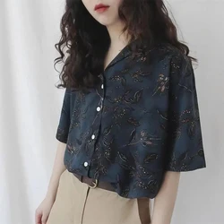 Vintage Shirt Dark Blue Floral Print Chic Loose Short Sleeve T-Shirts Fashionable Women's Clothes Elegant 2021 Summer