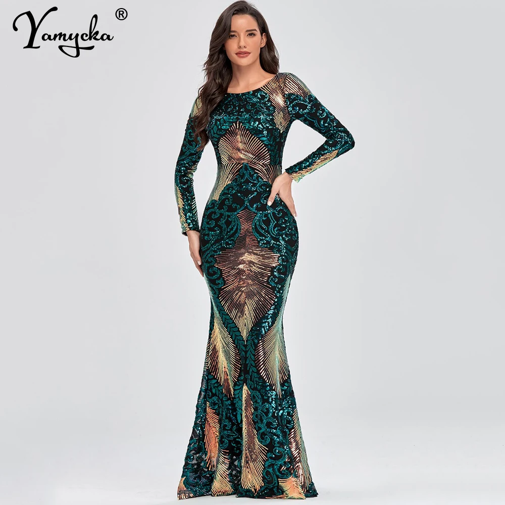 

Sexy vintage Maxi Green Sequin Bridesmaid Prom Dresses for Women Casual Party woman Dress club Long sleeve Bodycon Dress Vestido