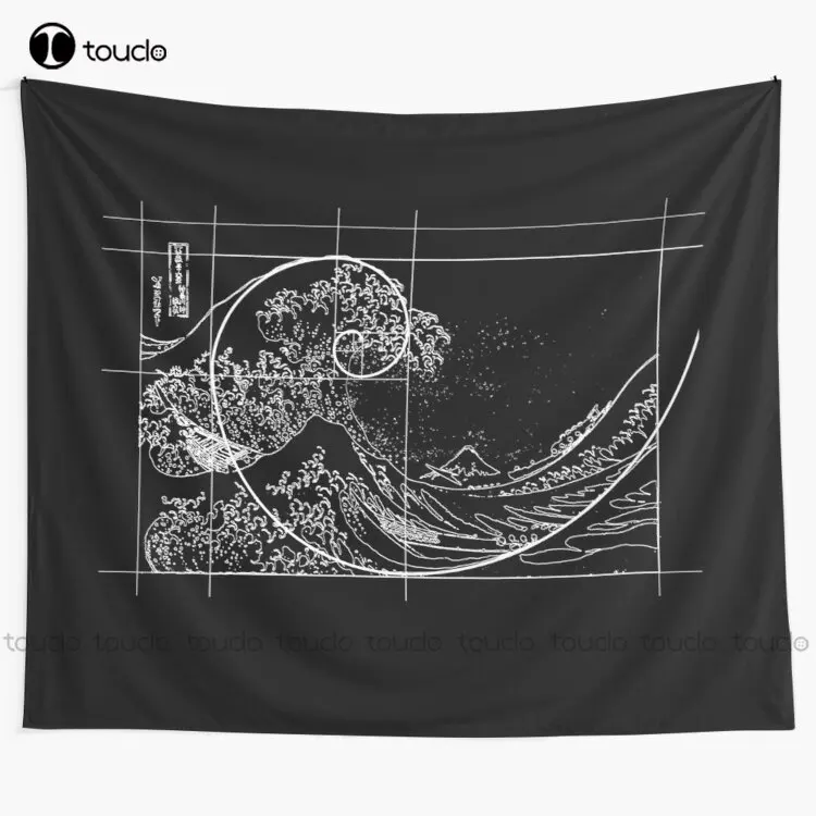 Hokusai Meets Fibonacci Golden Ratio White Line Tapestry Meme Tapestry Blanket Tapestry Bedroom Bedspread Decoration Funny Wall