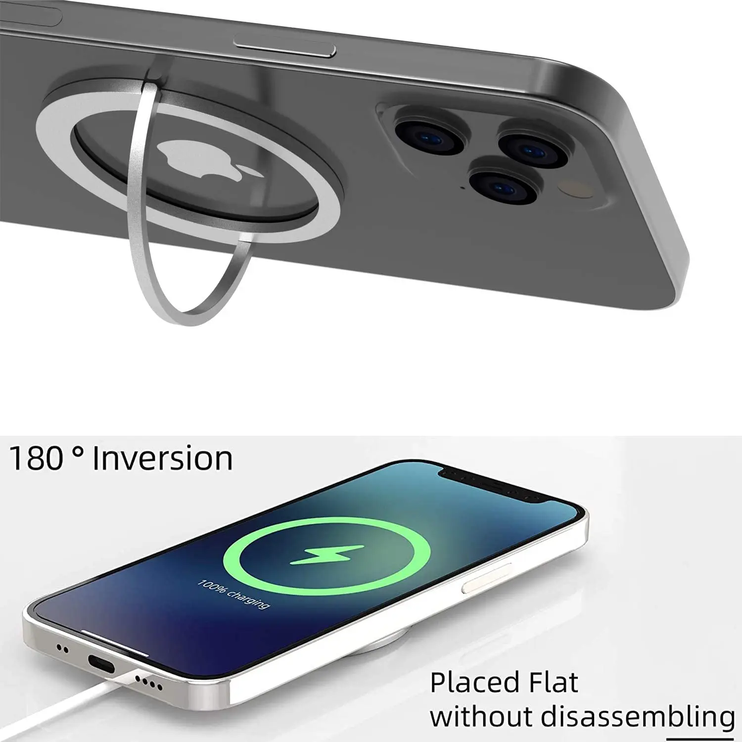 Supporto sicuro per staffa ad anello magnetico con adesivo per telefono Android e serie iPhone 14/13/12 per collegare in modo preciso il caricatore Wireless