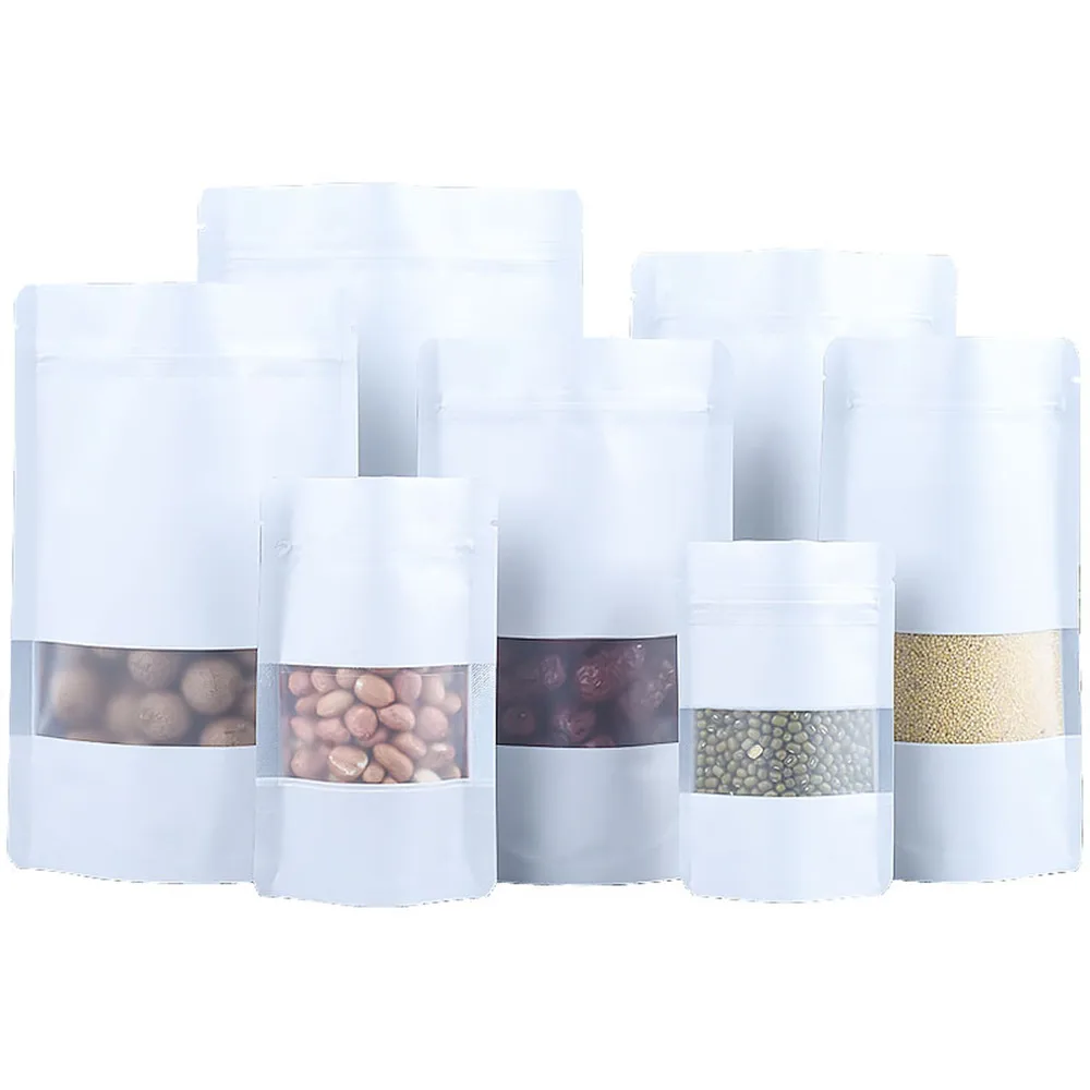 100Pcs White Mylar Foil Zip Lock Stand Up Bag with Frosted Window Self Seal Reusable Tear Notch Doypack Food Coffee Bean Pouches