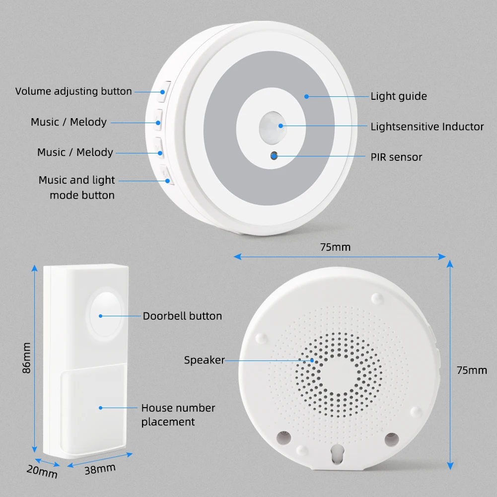 Wireless DoorBell Intelligent Home Door Chime Call Induction Night Light USB Power Supply Waterproof Power-off Memory for Office