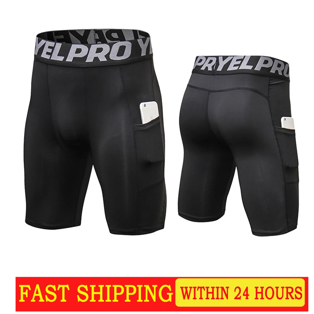 New Men's PRO Fitness shorts with pockets Mountaineering Running training Sweating quick dry Stretch shorts cycling pants