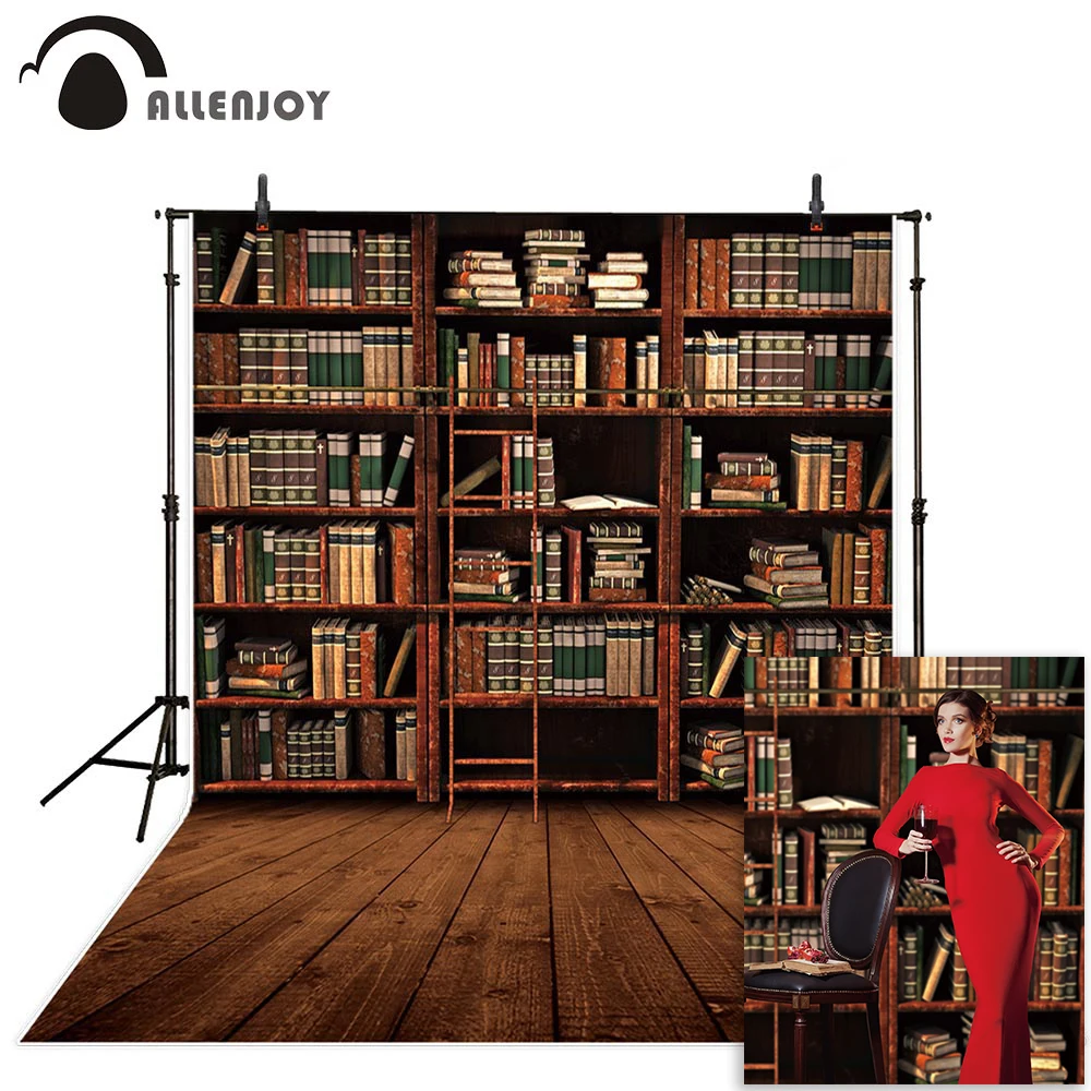 Allenjoy Photoshoot Backdrop Vintage Books Wooden Bookshelf Library Background For Photo Studio New Design Camera Photozone