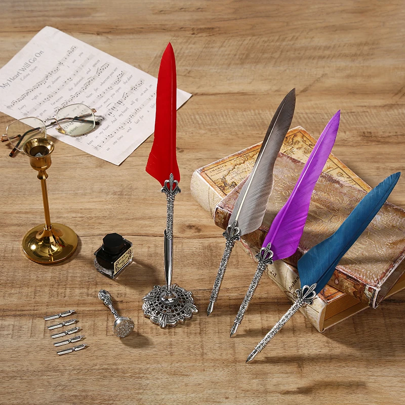 Wedding Feather Pens Calligraphy Feather Pen Gift Set Promotional Steel Pen Set