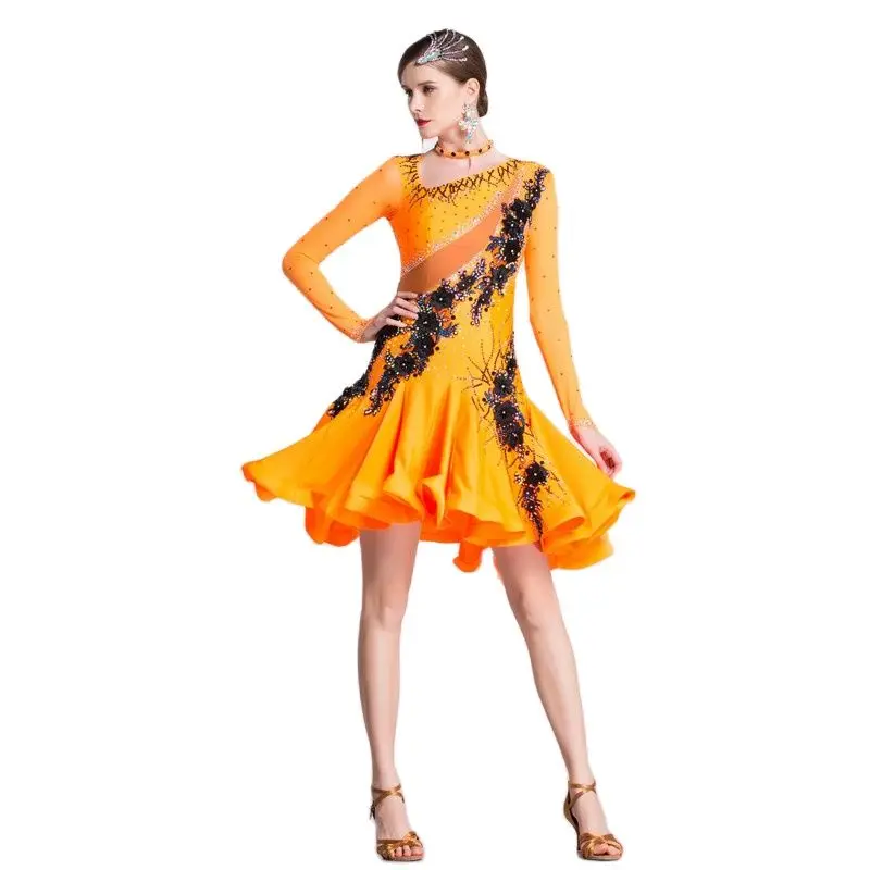 

L-18333 Ballroom Sexy Outfit Dress Latin Dance Dresses for Women Orange Stage Costumes Dance Costume Ruffle Latin Dress