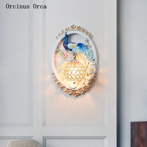 

Nordic creative Colorful Peacock wall lamp living room corridor bedroom Bedside Lamp Retro decorative carved crystal wall lamp