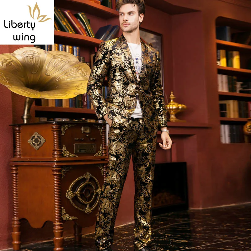 Luxury Golden Floral Printed Mens Suit Costume Large Size 5XL Wedding Dress Terno Blazer Jacket+ Pants Office Party Tuxedo Sets