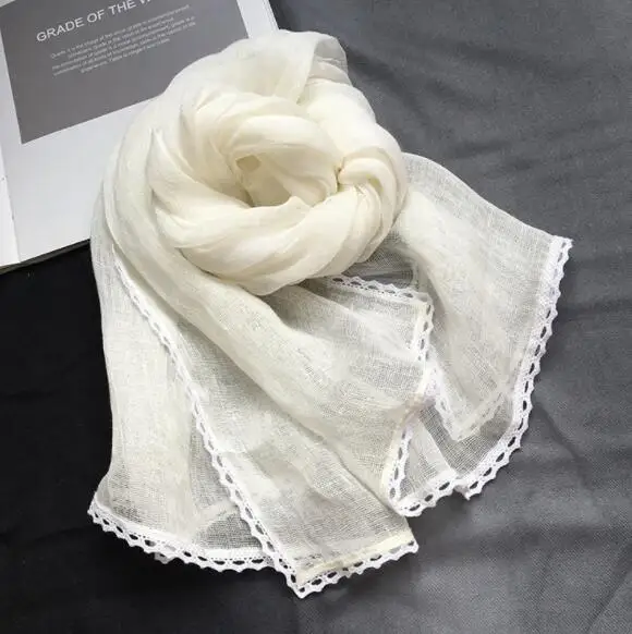 Spring And Autumn Thin Pure Linen Scarf Lace Design Pure White Scarf Ladies Summer Scarf Linen Outdoor scarves