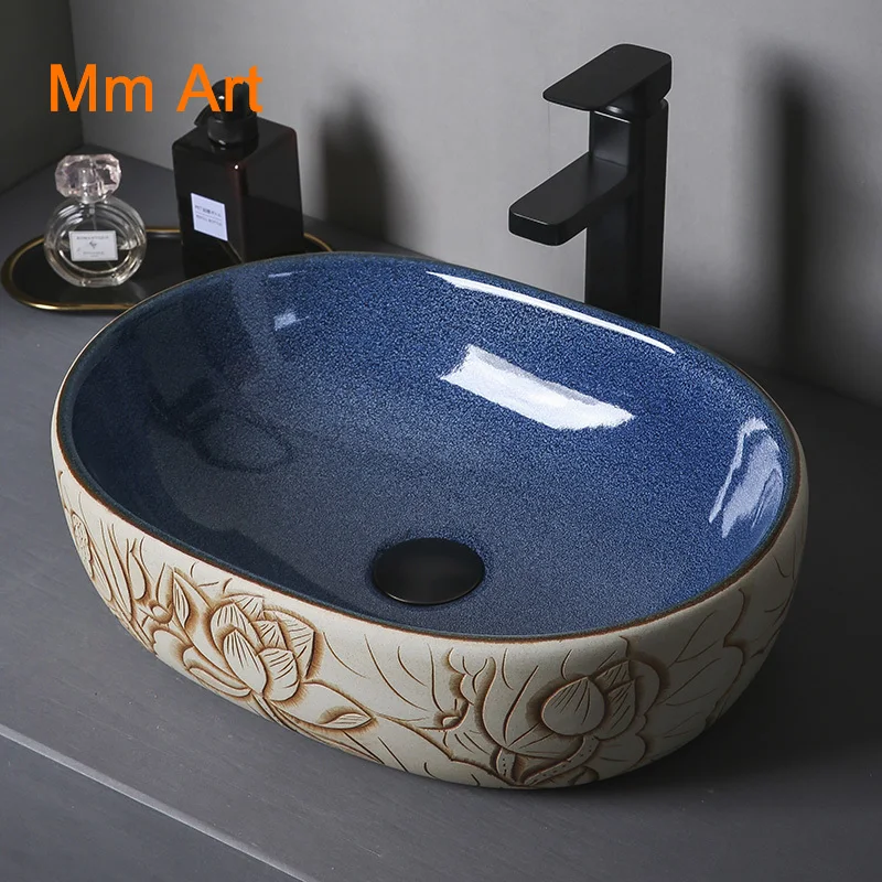 

Vintage table basin small oval ceramic washbasin balcony creative art washbasin tea room bathroom sink