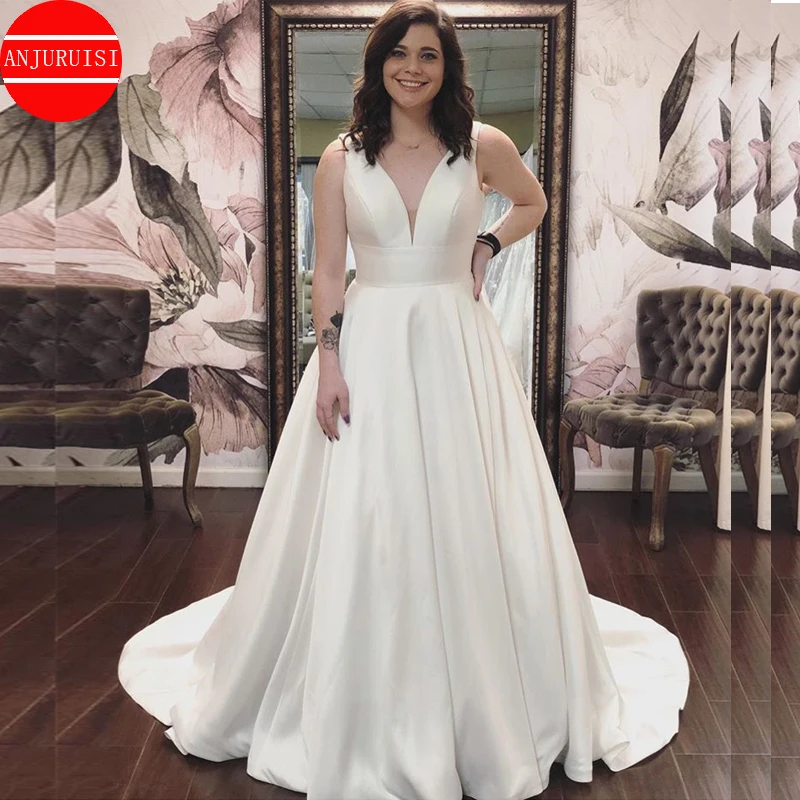 

Sexy V-neck A-line Wedding Dress Plus Size Simple White Satin Chapel Train Vestido De Novia 2020 Bridal Gowns Buy China Direct