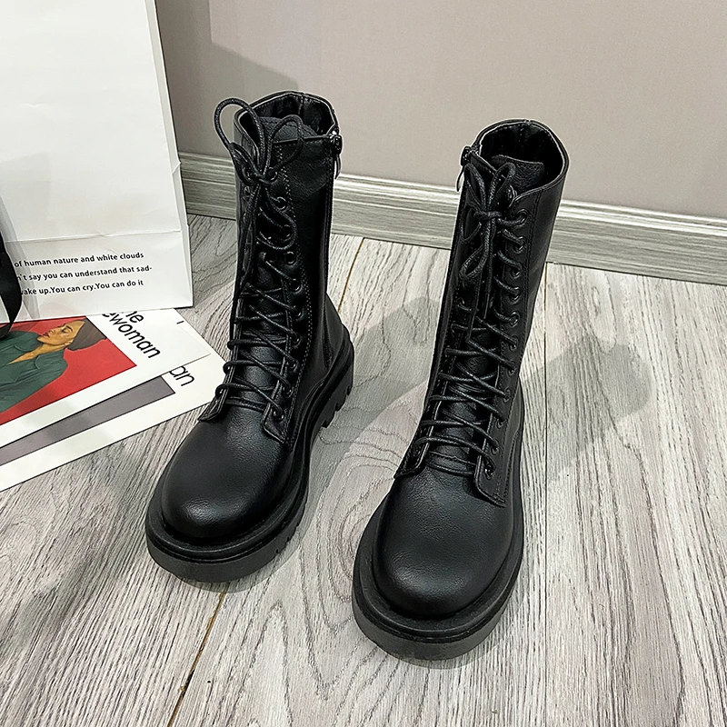 2021 Women Boots PU White Mid Calf Boots Autumn Winter Motorcycle Boots Fashion Female Chunky Heel Platform Botas Femininas