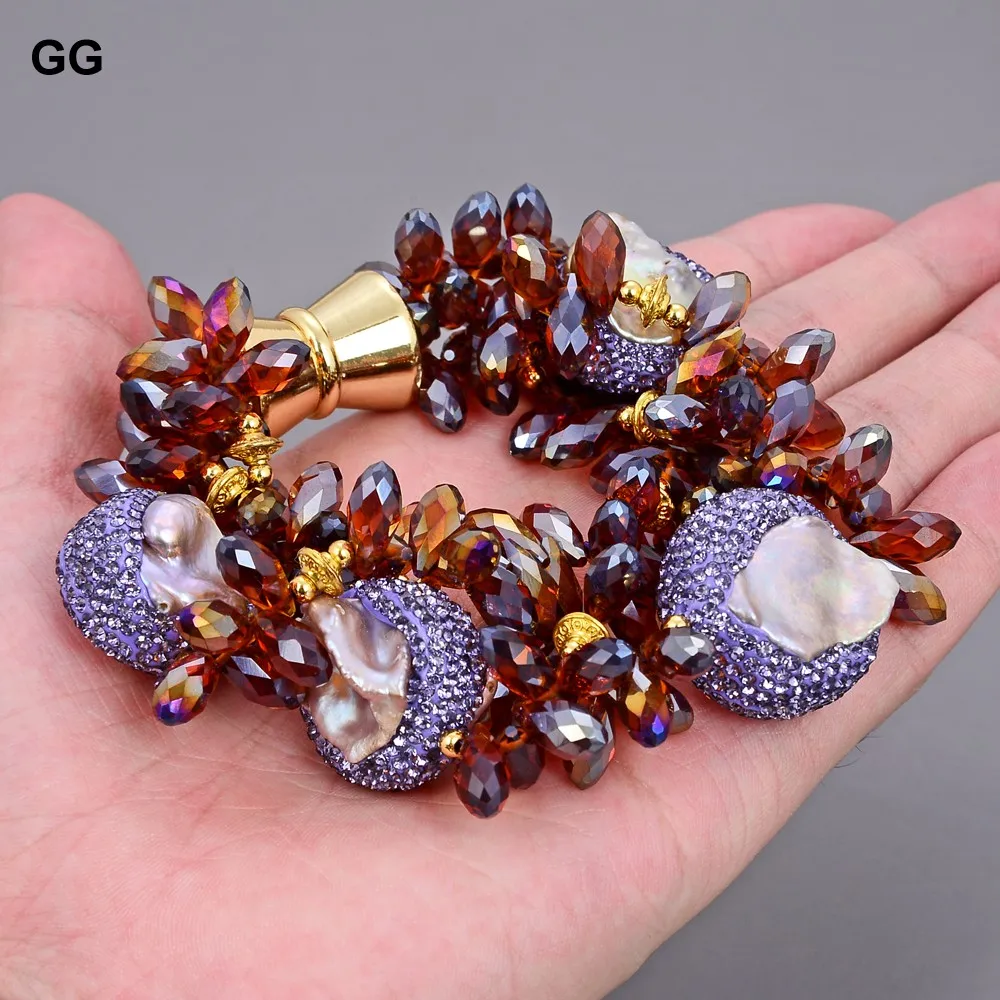 3 Rows Natural Purple Glass Crystal Keshi Pearl Bracelet Lady Jewelry Gifts