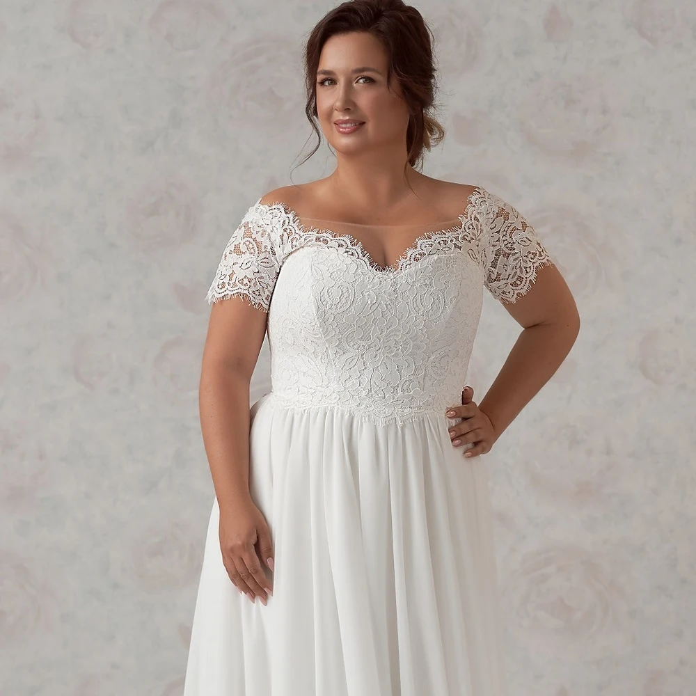 Elegantes Vestidos de Noiva com Corpo Renda Manga Curta, Vestido De Noiva Chiffon, Vestido De Noiva De Praia Plus Size, 2020