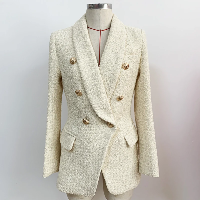 

High Quality Newest Fall Winter Nice Designer Blazer Women's Double Breasted Lion Buttons Shawl Collar Thick Tweed Jacket