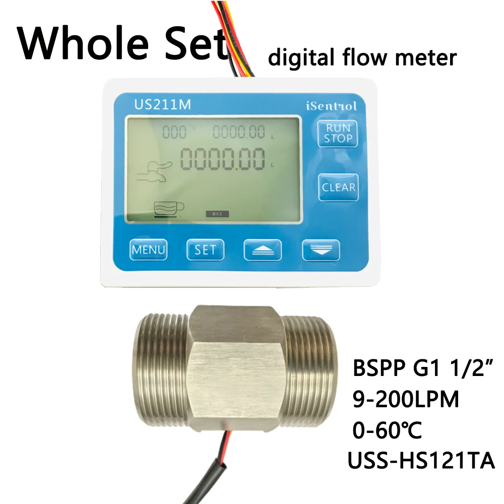 

US211M Digital Flow Meter & USS-HS121TA Stainless Steel 304 Inox Hall Flow Sensor Measurement 9-200L/minBSPP G1 1/2" Dijiang