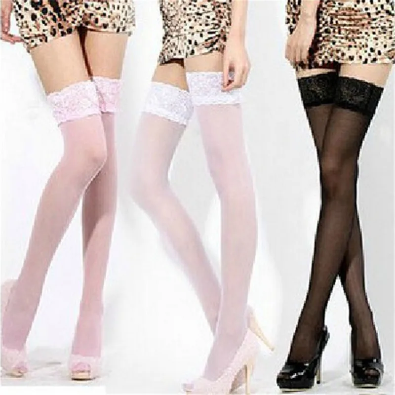 Hot Sexy Women Ladies Lace Patchwork See-through Transparent Ultra-thin Sheer Solid Stockings Hold Ups Thigh High Stockings