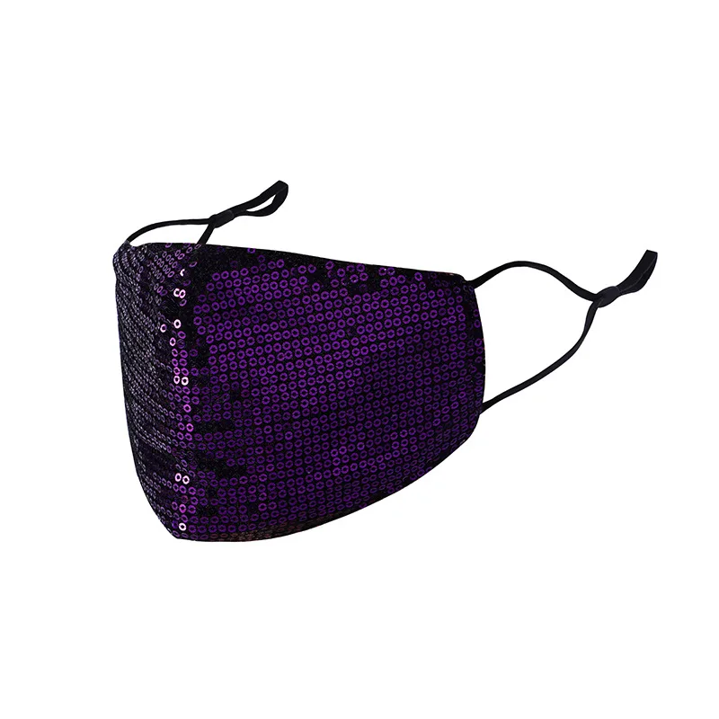 2 PC  Fashion Bling Sequined Personality Shiny Dust mask Three-layer Cotton Replaceable Filter Colorful  Women Mask Purple