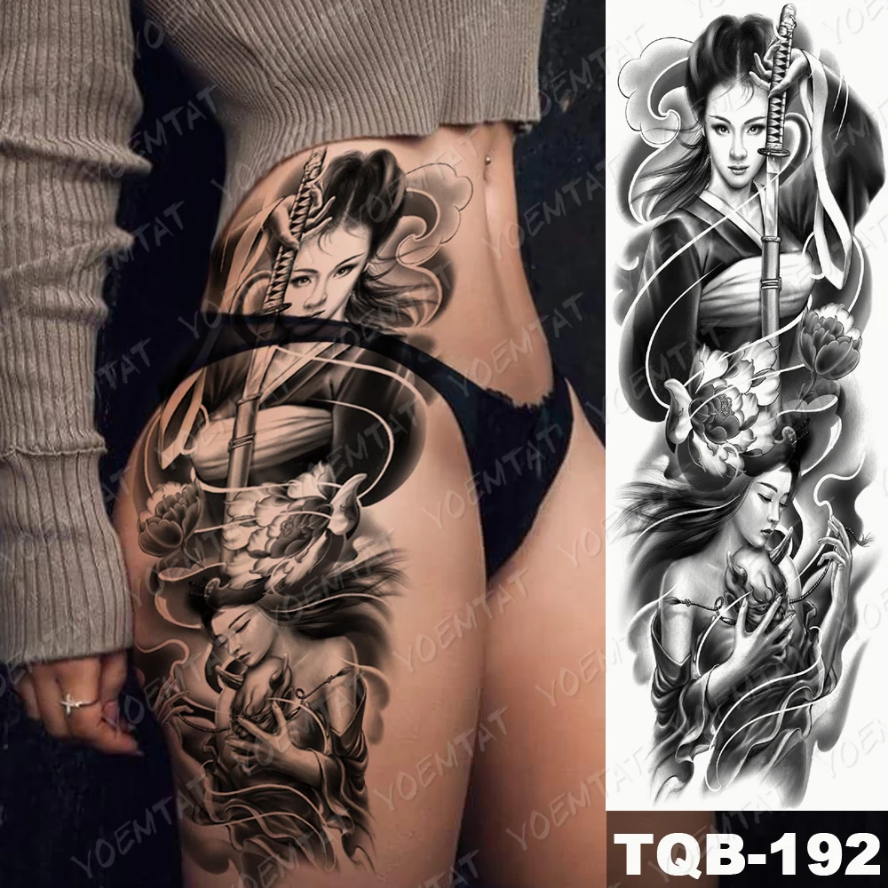 Tatuaje de manga de brazo grande para mujer, calcomanía de pistola temporal impermeable, arte corporal de castidad, Geisha, Samurai