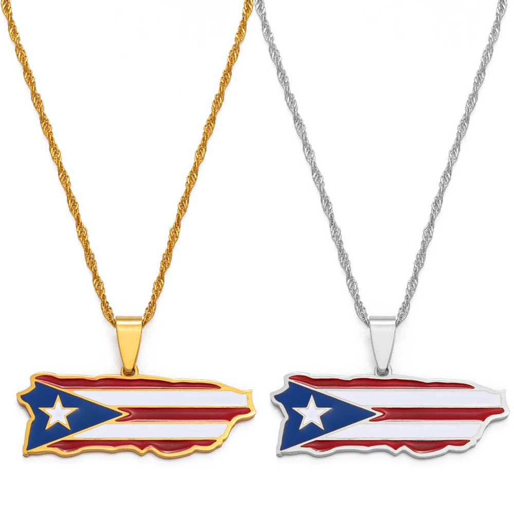 Anniyo Puerto Rico Map and Colored Flag Pendant Necklaces Gold Color PR Puerto Ricans Jewelry #136721