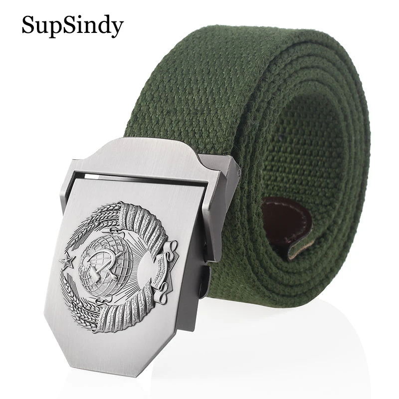 SupSindy nuevo cinturón de lona 3D emblema nacional soviético hebilla de metal cinturones de jeans para hombres CCCP ejército militar cinturones
