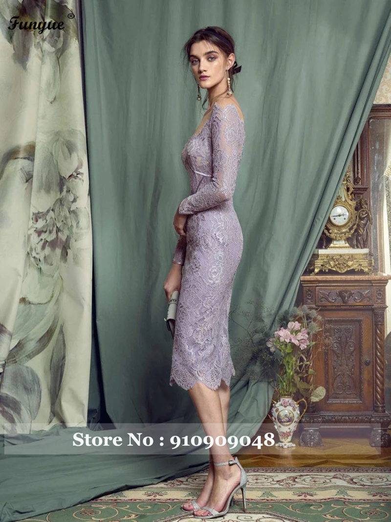 Purple Elegant Women Formal Evening Dresses 2024 Knee Length Lace Long Sleeves Prom Dress Vestido De Fiesta De Boda Party Gowns